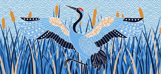 Fototapeta premium Elegant crane illustration for decorative nature themed artwork, textiles and cultural designs