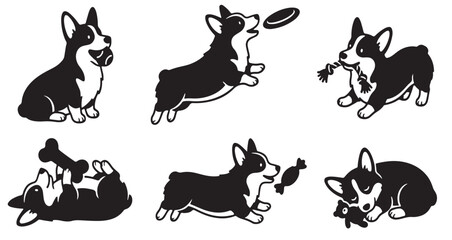 Six black and white illustrations of playful corgi dogs engaging in various activities like catching a frisbee, playing with toys, and carrying a treat.