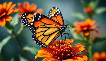 Obraz premium Close-up of vibrant monarch butterfly on flower, invertebrate, close-up