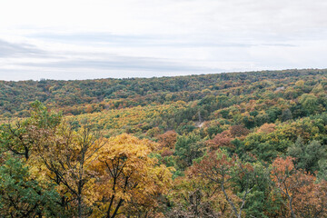 Panoramic autumn forest landscape with colorful hills