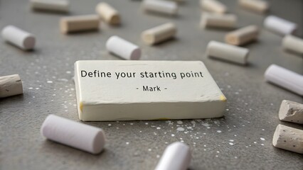 Chalk cube with text and scattered fragments on gray surface