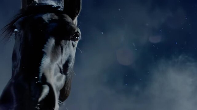 black horse galloping on the dark forest