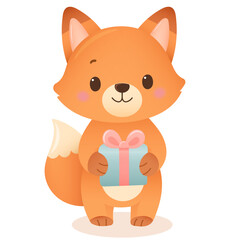 Cute fox holding gift box in pastel kawaii cartoon illustration