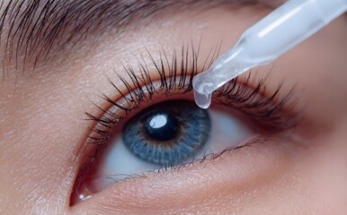 Close up of eye receiving moisturizing drops for vision care and eye health