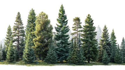 Boreal taiga forest with evergreen conifers on transparent background