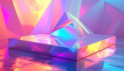 Holographic Iridescent Geometric Podium with Prism in Vibrant Colors