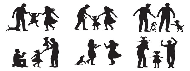 Set of six black silhouette illustrations featuring families, children, adults, and dogs in different poses and interactions, representing various relationships.