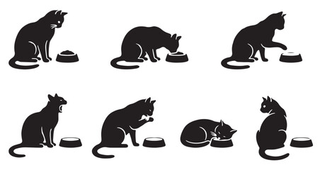 Six black cat silhouettes demonstrating various behaviors around a food bowl, including eating, pawing, and resting.