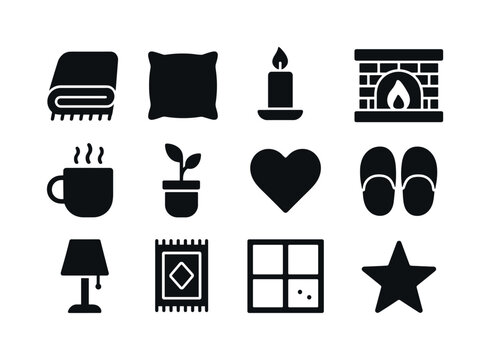 Cozy Home Icons. Home warmth. Solid icon set of home warmth: bla