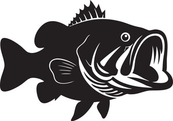 Black and white of a stylized fish with a prominent mouth and fins