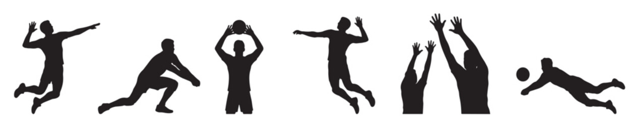 Silhouettes of volleyball players in various action poses, including jumping, serving, setting, blocking, and diving.