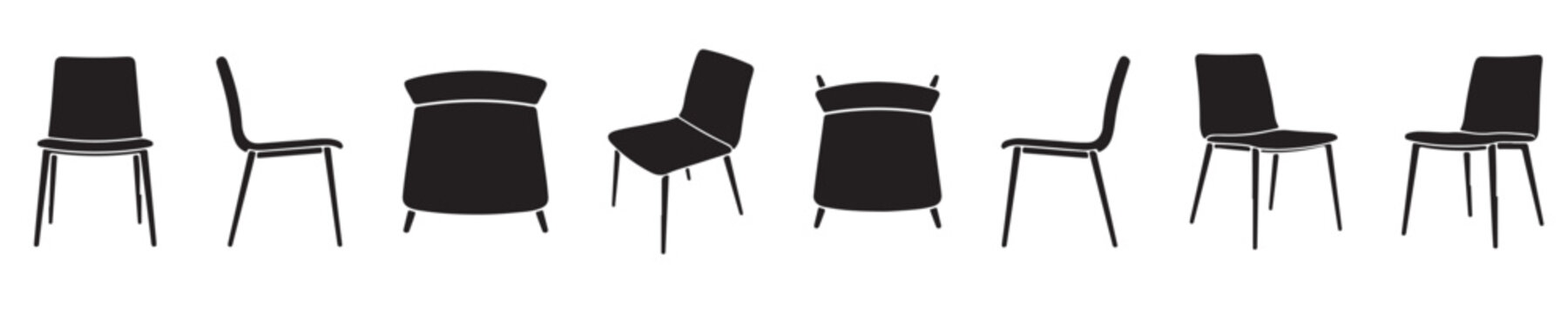 Eight black minimalist chairs shown in different orientations against a white background.