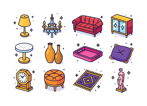 Glamorous Interior Icons. Glam interiors. Colorful isometric vec