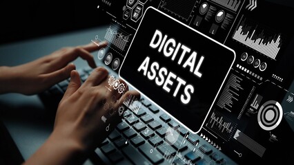 Digital Assets Representation with Hands Typing on Keyboard and Futuristic User Interface Elements in Dark Environment. Asymptotic smart data analytic.
