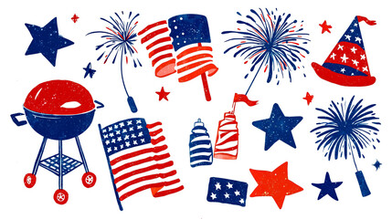 A colorful illustration of various patriotic symbols and objects including an American flag fireworks stars and a barbecue grill all set against a white background