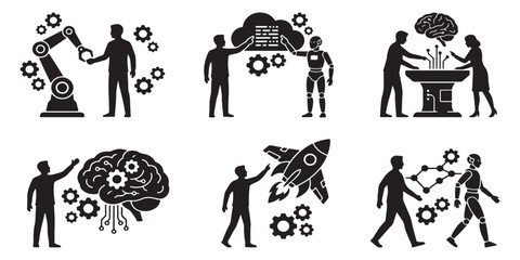 Illustrations depicting various aspects of artificial intelligence, robotics, cloud computing, and technological innovation with human interaction.