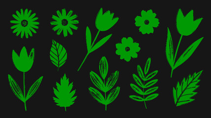 Obraz premium Flower brush hand drawn set Hand drawn doodle flower floral leaf elements in brush strok