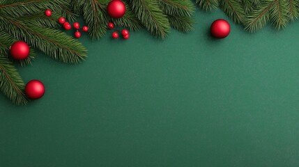 Minimal Green Christmas Background with Red Ornaments and Pine Branches