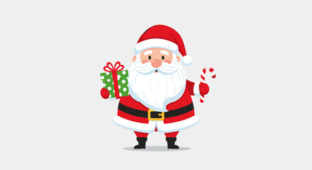 Fototapeta premium Cheerful Santa Claus character stands in a festive pose wearing a red suit and white beard while presenting a bright green wrapped gift and a candy cane.
