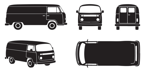 Detailed black and white vector illustration of a classic vintage panel van, showcasing side, front, rear, isometric, and top views on a white background. © Riki