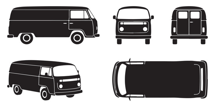 Detailed black and white vector illustration of a classic vintage panel van, showcasing side, front, rear, isometric, and top views on a white background.