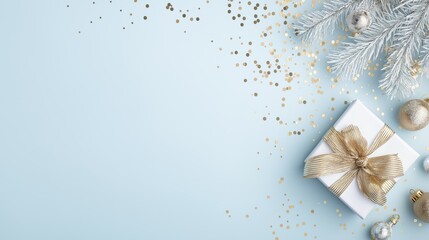 Minimal Light Blue Christmas Flat Lay with White Gift and Gold Decorations, Wide Copy Space