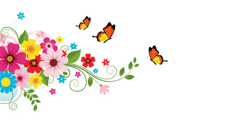Fototapeta premium Vibrant colorful flowers with swirling green vines and fluttering orange and black butterflies across a bright white background.