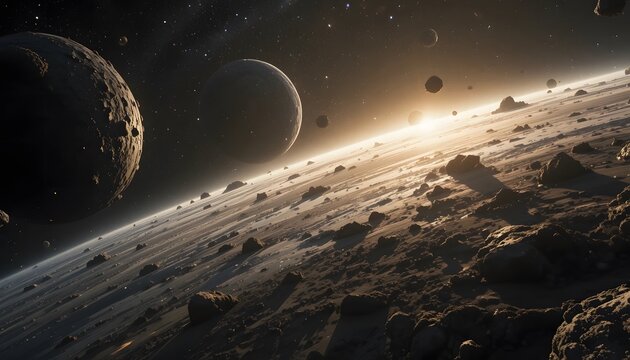 A cosmic vista of rugged planets and asteroids bathed in distant stellar light. astroid belt