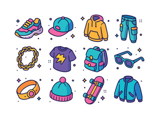 Streetwear Isometric Icons. Streetwear. Colorful isometric vecto