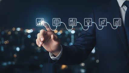 A finger interacts with an illustrated business concept, creating an eye-catching image depicting strategy, progress, and futuristic technology.