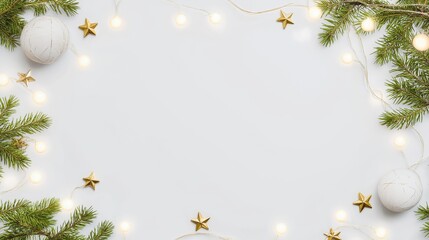 Minimal White Christmas Frame with Pine Branches and Soft Golden Lights