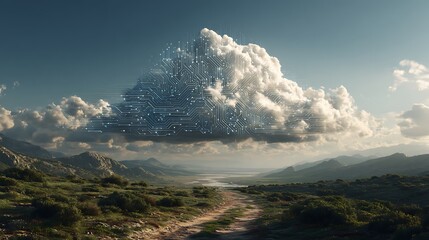 Digital transformation: circuits integrate with a cloud above a serene natural landscape