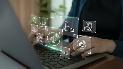 Focus on ecological sustainability with a business professional working on a laptop showcasing futuristic augmented reality environment of the green technology. 
