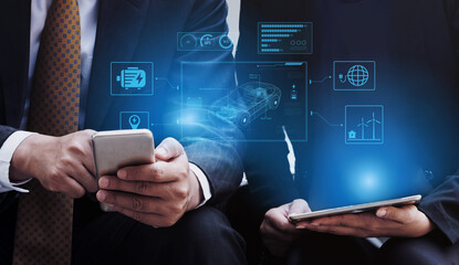 Technical layout of electric vehicle showing battery system, power control, traction motor, charging interface, and integration with renewable and smart energy sources Vouch