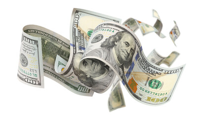 Flying hundred dollar bills, isolated on transparent cutout background