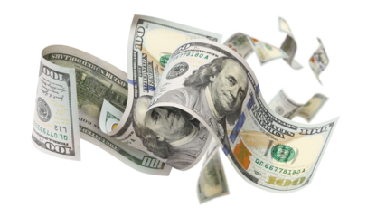 Flying hundred dollar bills, isolated on transparent cutout background