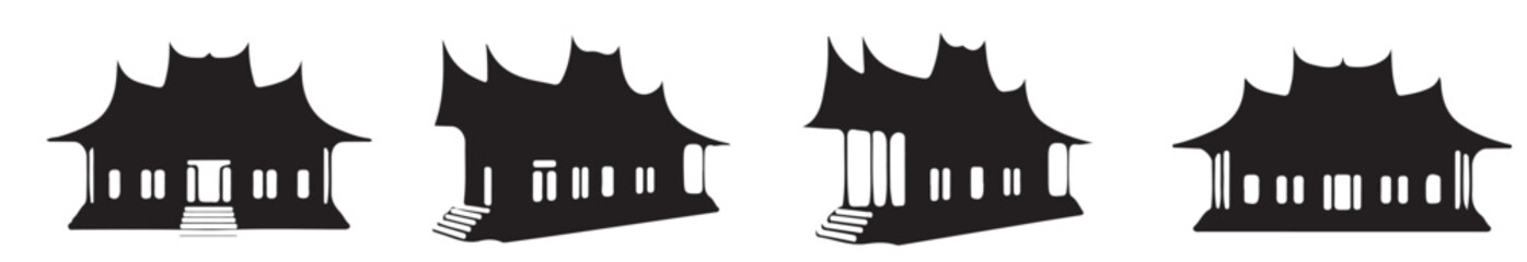 Four black silhouettes of traditional Indonesian or Southeast Asian houses with distinctive curved roofs, shown from various angles.