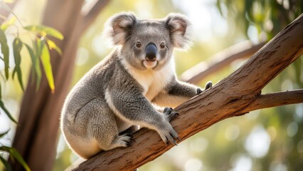 Cute Koala Sitting on a Tree Branch in Natural Habitat