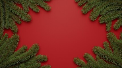Red Christmas Background with Pine Border &ndash; Wide Center Copy Space