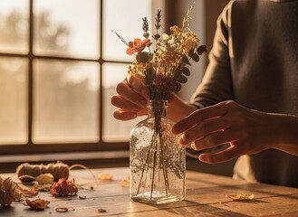 Person Arranging Dried Flowers in Glass Vase on Wooden Table with Warm Sunlight Streaming Through Window