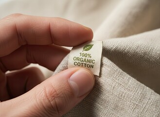 Close up Macro Shot Of A Hand Holding A Tag That Says 100% Organic Cotton On A Beige Fabric