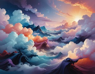 Pixelated Mountain Peaks Above Sea of Clouds at Sunrise with Golden Sunburst and Starry Sky