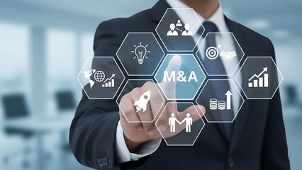 A visionary businessperson engages with futuristic interface of M&A, showing determination in the realm of business.
