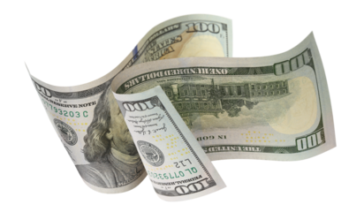 Two flying hundred dollar bills, isolated on transparent cutout background