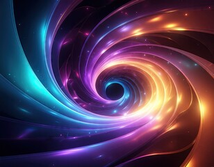 Abstract Swirling Vortex Of Neon Lights In Dark Space With Purple Blue And Orange Hues Creating A Cosmic Tunnel Effect