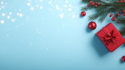 Red Christmas Gift with Pine Branches on Soft Blue Background, Wide Copy Space