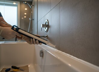 Skilled worker in white gloves applies sealant to bathtub edge with caulk gun and white sealant in modern bathroom with grey tile wall and chrome fixtures soft natural light filtering from window