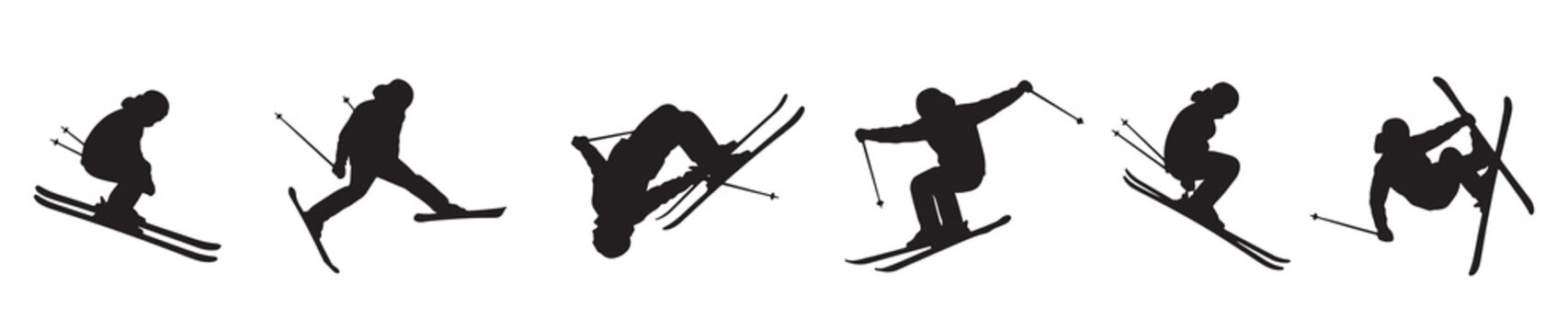 Silhouettes of skiers performing various jumps and maneuvers on a white background, showcasing dynamic winter sports action.