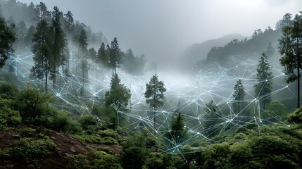A digital data network illuminates a misty mountain forest landscape