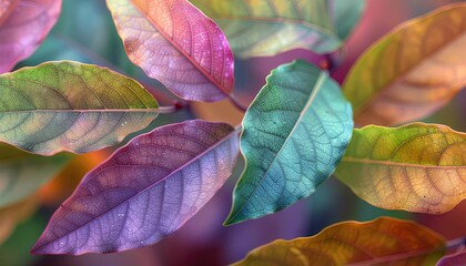 Close up of colorful autumn leaves with dew drops shimmering in soft morning light